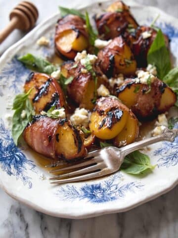 Wrapped Grilled Peaches with Honey, Queso Fresco, and Jalapeño Recipe