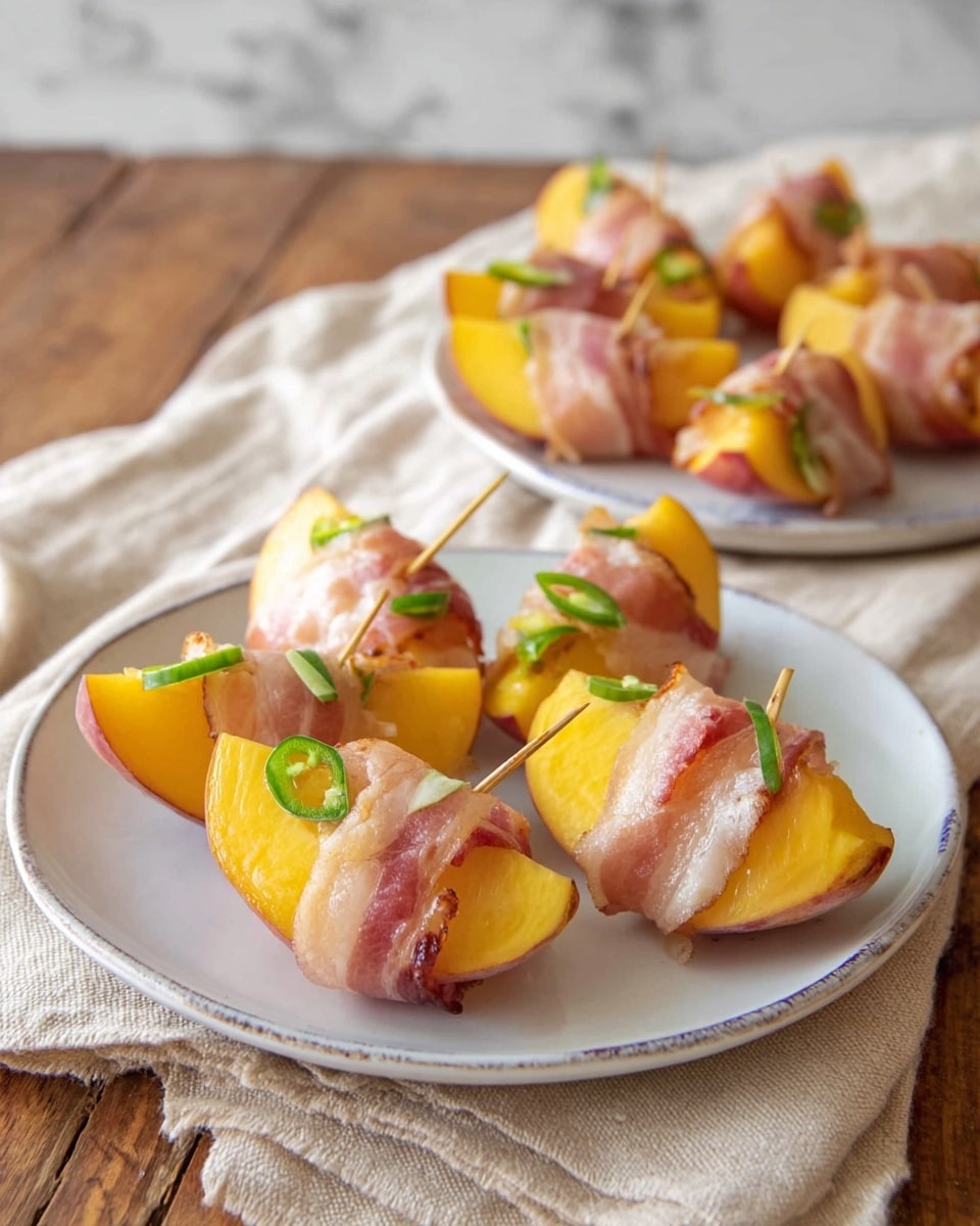 The image shows two white plates filled with peach wedges wrapped with strips of raw bacon secured by toothpicks. Each peach wedge is a deep yellow-orange color with smooth skin visible under the bacon, which is pale pink with streaks of white fat. Small, green chili peppers are tucked under the bacon on the peach wedges, adding a splash of vibrant green. The front plate displays about eight wrapped peach wedges arranged in a circle, while the back plate holds more of the same, slightly blurred. The plates rest on a beige cloth atop a wooden surface, with a white marbled texture background appearing softly behind them. Photo taken with an iphone --ar 4:5 --v 7