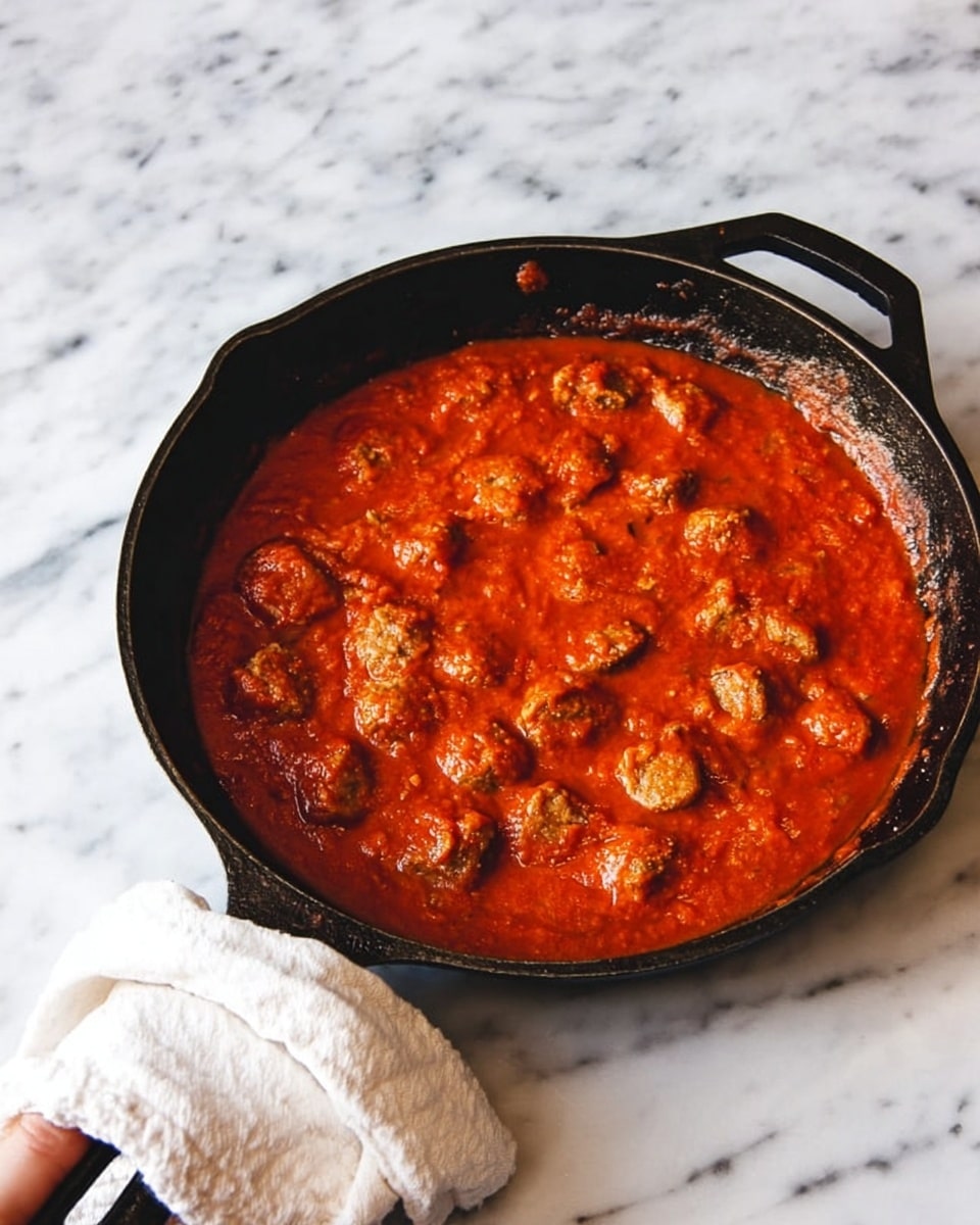 A black cast iron skillet filled with a thick bright red tomato sauce covering small round pieces of sausage evenly spread throughout the pan; the skillet handle is held by a woman's hand with a white cloth. The skillet rests on a white marbled surface. photo taken with an iphone --ar 4:5 --v 7