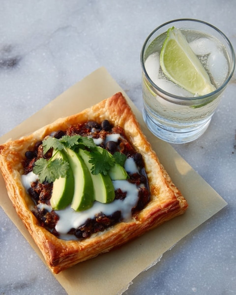 Three square pastries with golden brown crusts sit on a wooden board with a white marbled texture beneath. Each pastry has a dark layer of black bean spread topped with melted white cheese. Two pastries have slices of green jalapeño and bits of browned chorizo with a few fresh green cilantro leaves on top, while the other pastry is topped with several slices of light green avocado. Beside the pastries, there is a clear glass of water with ice and lime wedges, and two lime slices rest near the glass. photo taken with an iphone --ar 4:5 --v 7