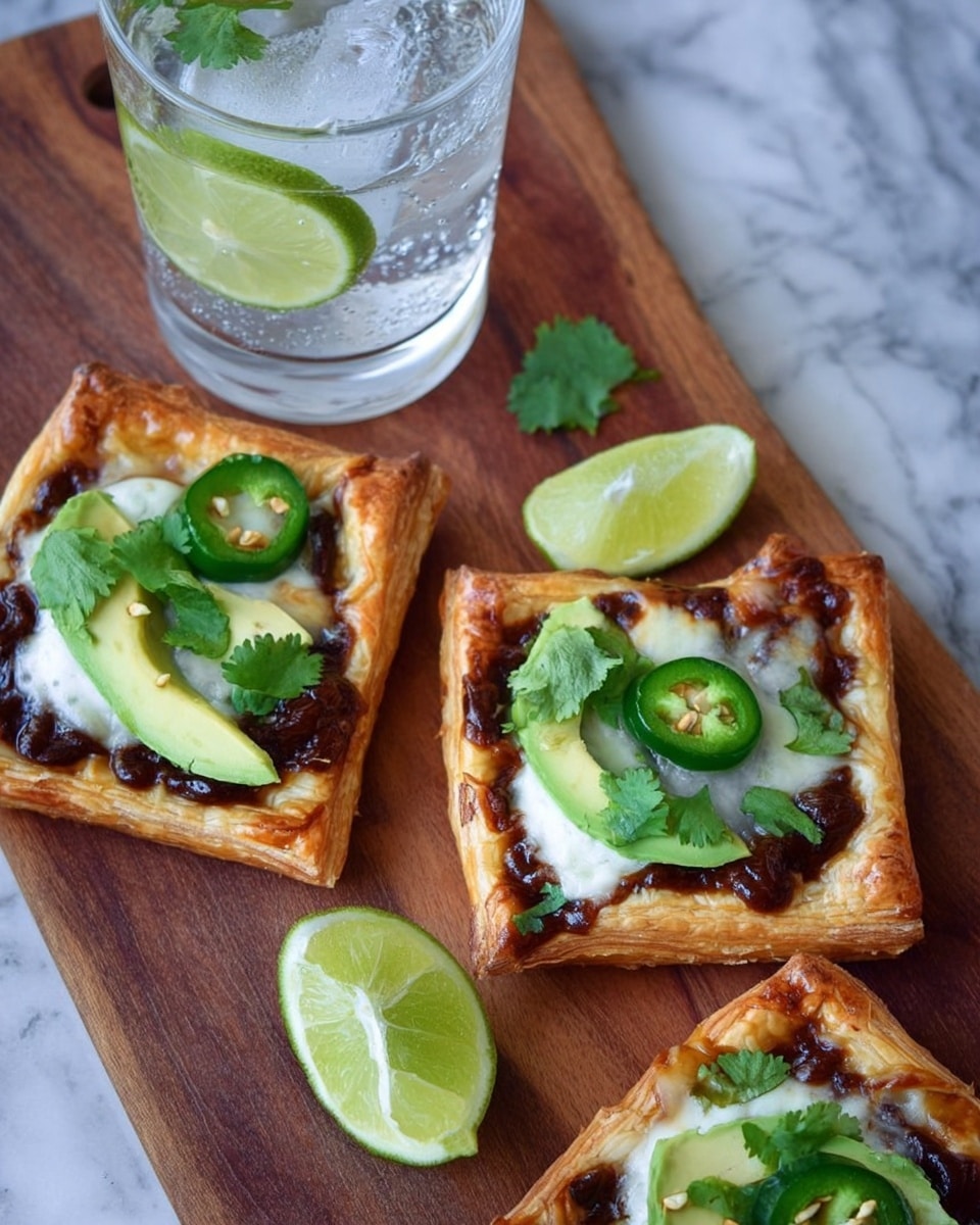 A square puff pastry with golden-brown edges sits on a piece of white parchment paper over a white marbled surface. In the center of the pastry is a layer of black beans with a saucy, dark brown meat mixture on top. White creamy sauce is drizzled over the meat, and three slices of fresh green avocado are placed on top along with a small sprig of cilantro. Next to the pastry is a clear glass filled with ice cubes and a lime wedge. Photo taken with an iphone --ar 4:5 --v 7