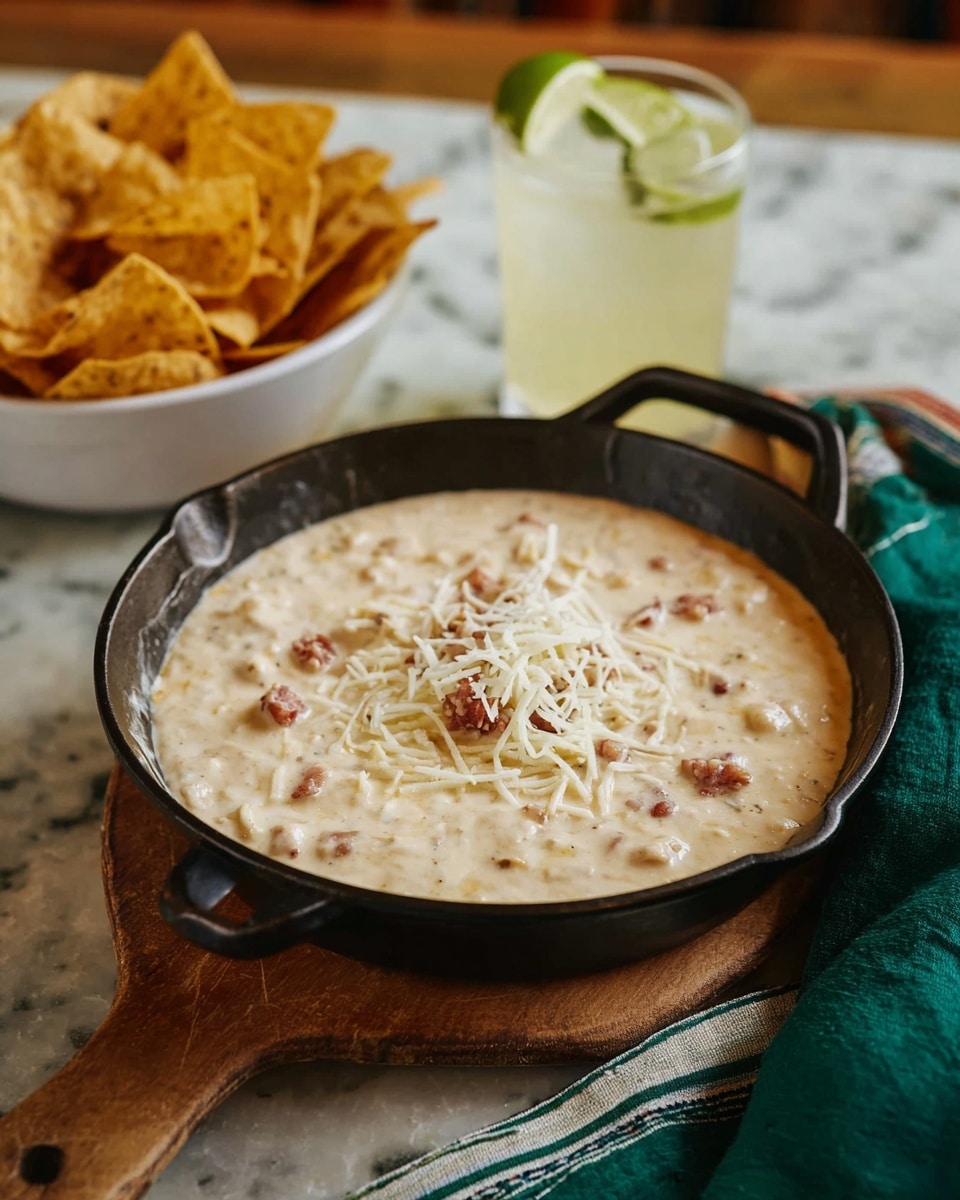 A black skillet filled with creamy cheese dip sits on a wooden board. The dip has a smooth, pale cream base with small bits visible in it, topped with shredded white cheese and small pieces of light brown meat scattered on the surface. Behind the skillet, there is a white bowl filled with triangular tortilla chips, and a clear glass of pale yellow drink with a lime wedge on the rim. The setting is on a white marbled surface with a green cloth and a striped fabric nearby, giving a cozy and rustic feel. Photo taken with an iphone --ar 4:5 --v 7