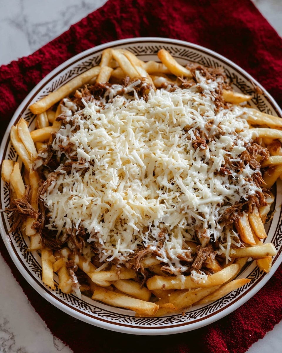 A white plate with a decorative brown and white rim holds a dish with three clear layers. The bottom layer consists of crispy golden-brown fries arranged across the plate, topped by a thick layer of finely shredded white cheese that covers the fries completely. On top, there is a generous layer of shredded brown cooked meat spread evenly. The dish sits on a white marbled surface with a red cloth partially visible under the plate. Photo taken with an iphone --ar 4:5 --v 7