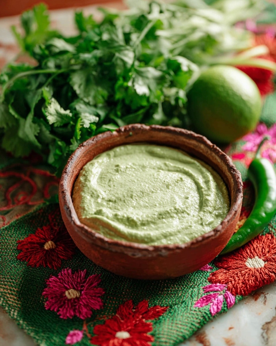 A rustic brown clay bowl filled with a smooth, light green sauce with a creamy texture, sitting on a colorful embroidered cloth with red, green, and pink flower patterns. Behind the bowl, there is a bunch of fresh green cilantro leaves, a whole lime, and a green chili pepper, all placed on a white marbled surface. The scene is bright and fresh, focusing on vibrant green colors and natural textures, photo taken with an iphone --ar 4:5 --v 7