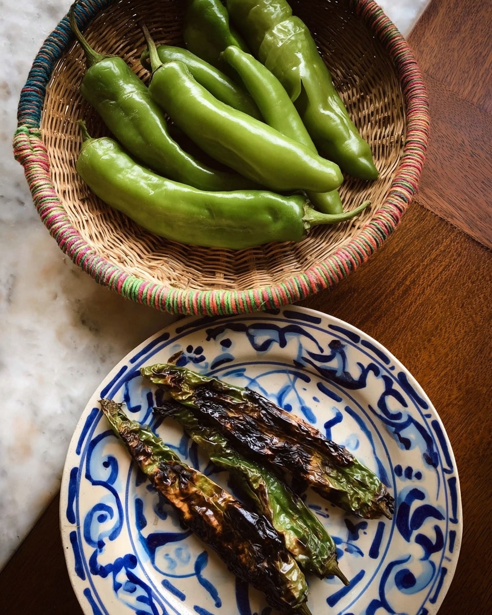 A white basket with colorful woven edges holds several long, smooth green chili peppers with a shiny texture. Below it, a white plate with intricate blue floral and swirl patterns contains three roasted green chili peppers with charred dark brown and black spots, showing their wrinkled and cooked skin. The background is a white marbled surface. photo taken with an iphone --ar 4:5 --v 7