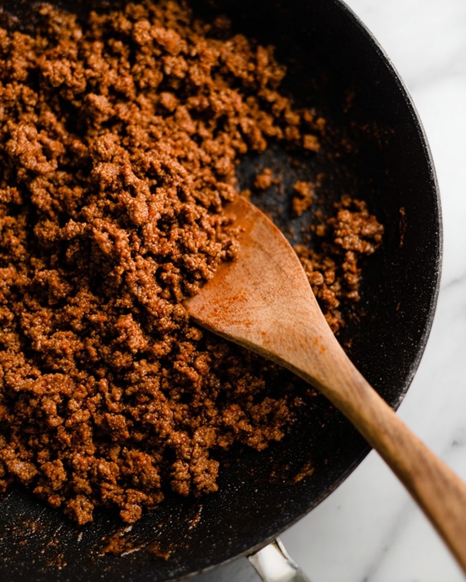 A close-up view of browned cooked ground meat inside a black skillet, showing a rich, warm brown texture with small, crumbly pieces. A wooden spoon with a slightly worn surface rests on the right side of the skillet, partly touching the cooked meat. The skillet sits on a white marbled surface, and the overall color palette includes deep browns and blacks with a rustic feel. photo taken with an iphone --ar 4:5 --v 7