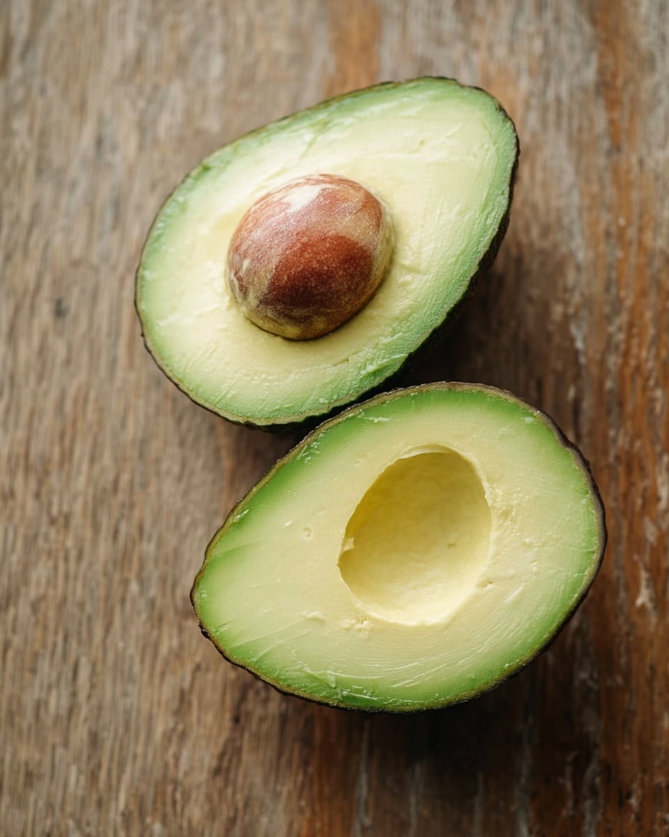 Two avocado halves lie side by side on a wooden surface, with one half showing the smooth, brown seed intact in the center and the other half showing a hollow where the seed was removed. The outer skin is dark green with a rough texture, while the inside flesh is a pale, creamy green with a soft and smooth appearance. The light creates gentle shadows, giving a fresh and natural look to the fruit photo taken with an iphone --ar 4:5 --v 7