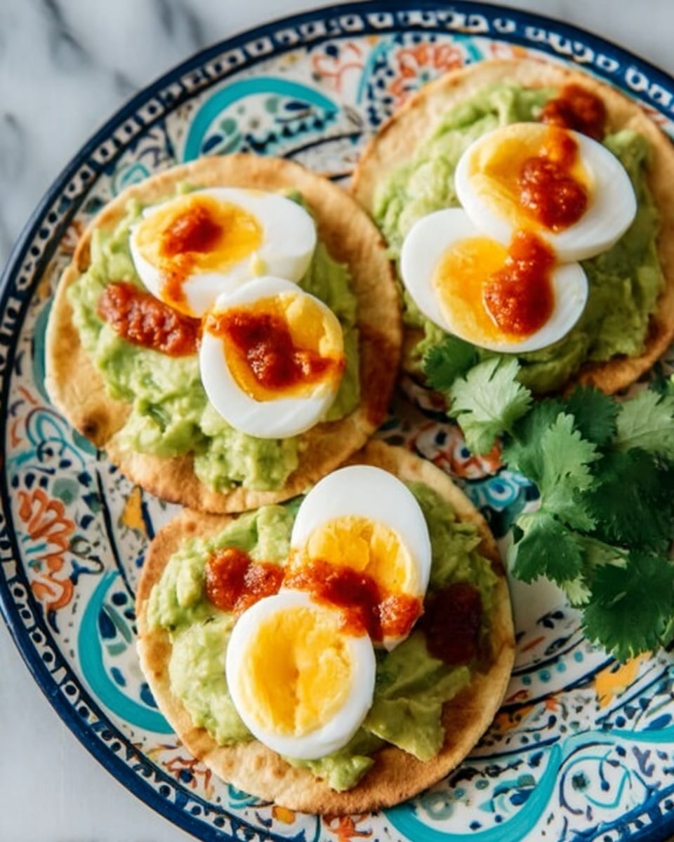 The image shows three small round toasted tortillas on a white plate with colorful blue and green patterns. Each tortilla has a thick layer of green mashed avocado, topped with two slices of hard-boiled egg showing bright yellow yolks and white edges. Small dollops of red sauce are sprinkled over the eggs and avocado. A sprig of fresh green cilantro rests near the bottom right tortilla. The plate sits on a white marbled surface. photo taken with an iphone --ar 4:5 --v 7
