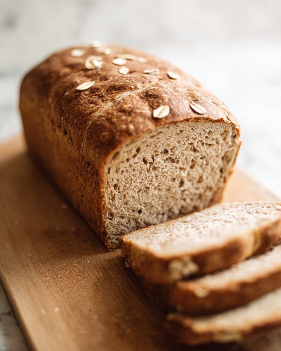 A loaf of sliced brown bread is placed on a wooden cutting board. The bread has a rough, slightly cracked crust with a few oat flakes on top. The slices are thick and show a soft, dense interior with small air holes. The bread is positioned diagonally, with the focus on the end slice facing the camera. The background is softly blurred with a white marbled texture. Photo taken with an iphone --ar 4:5 --v 7