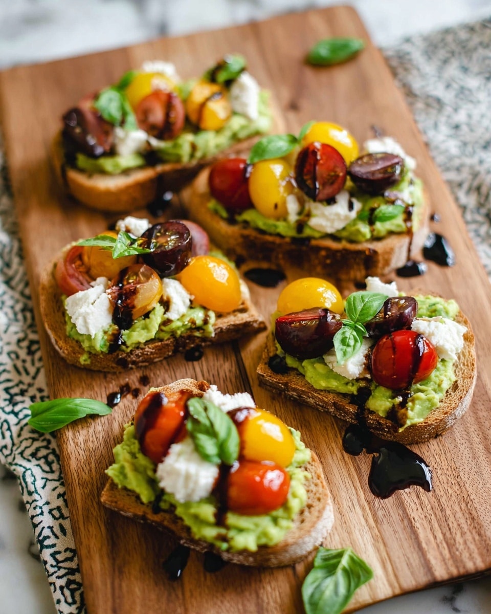 Five small open sandwiches are placed on a wooden board with a few green leaves scattered around. Each sandwich has a base layer of brown toasted bread, topped with a thick spread of light green avocado mash. On top of the avocado, there are small round pieces of white cheese and colorful cherry tomatoes in red, yellow, and dark purple. Fresh green basil leaves are sprinkled over each sandwich. The sandwiches are drizzled with a dark balsamic glaze that adds shine and contrast. The whole scene is set against a white marbled surface with parts of a patterned cloth visible. photo taken with an iphone --ar 4:5 --v 7