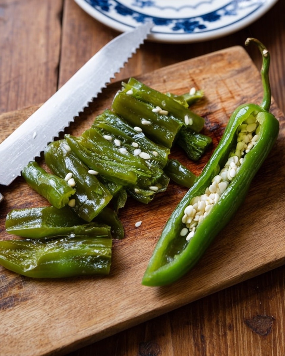 A wooden cutting board holds a long green chili pepper on the right side, split open to show white seeds inside, with several slices of the chili placed to the left. The chili pieces are bright green with a shiny, slightly wrinkled texture and scattered white seeds on top. A serrated knife with a white handle rests on the upper left edge of the board. The background shows a wooden table and part of a white plate with blue patterns on the upper right edge. Photo taken with an iphone --ar 4:5 --v 7