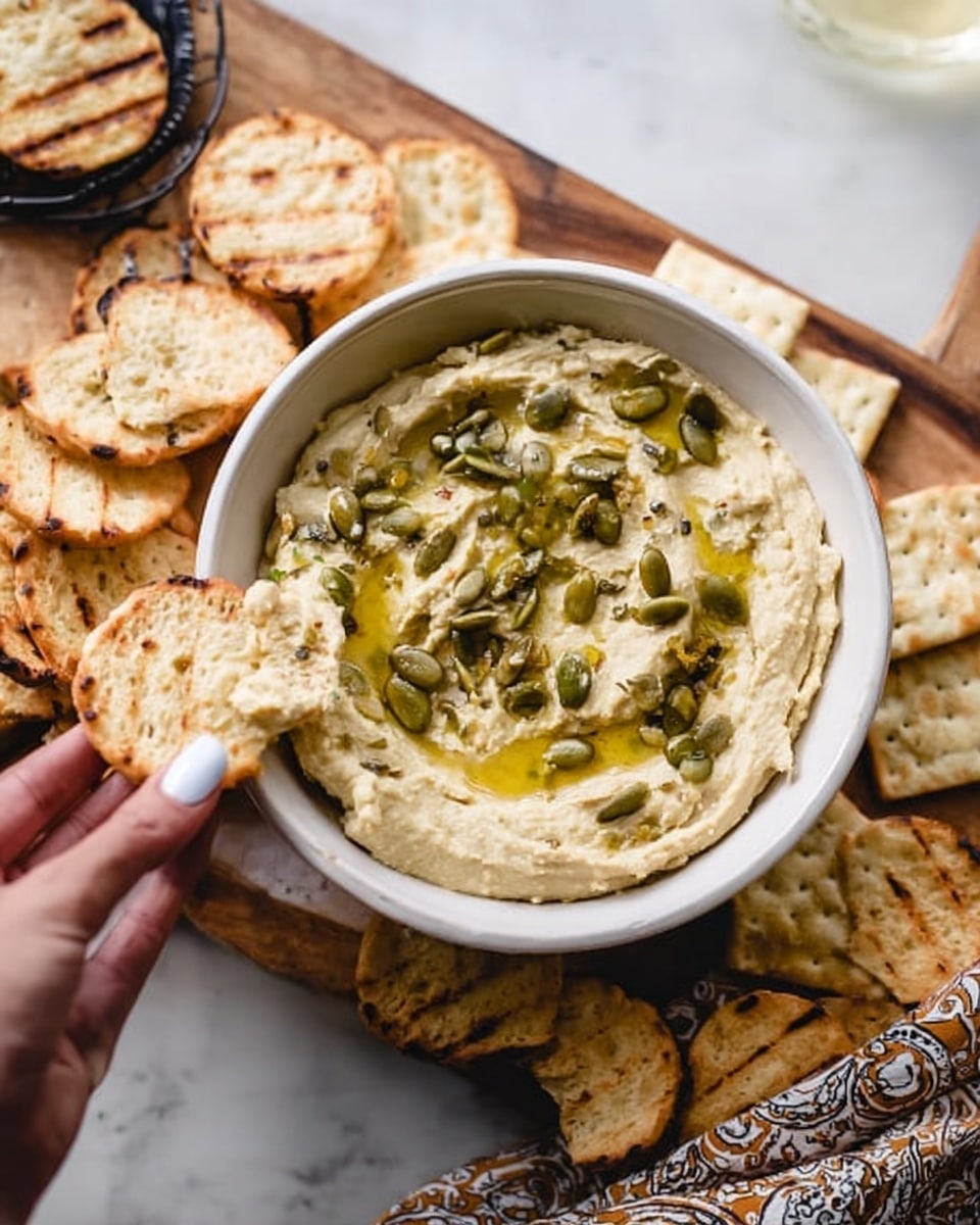 A white bowl filled with creamy light beige hummus, topped with olive oil and sprinkled with green pumpkin seeds. Around the bowl, there are several toasted round bread slices with grill marks and light brown square crackers arranged on a wooden board. A woman's hand with white nail polish holds one toasted bread slice with hummus spread on it, positioned in the lower left corner. The background shows a white marbled surface beneath the wooden board and a patterned cloth underneath everything. photo taken with an iphone --ar 4:5 --v 7