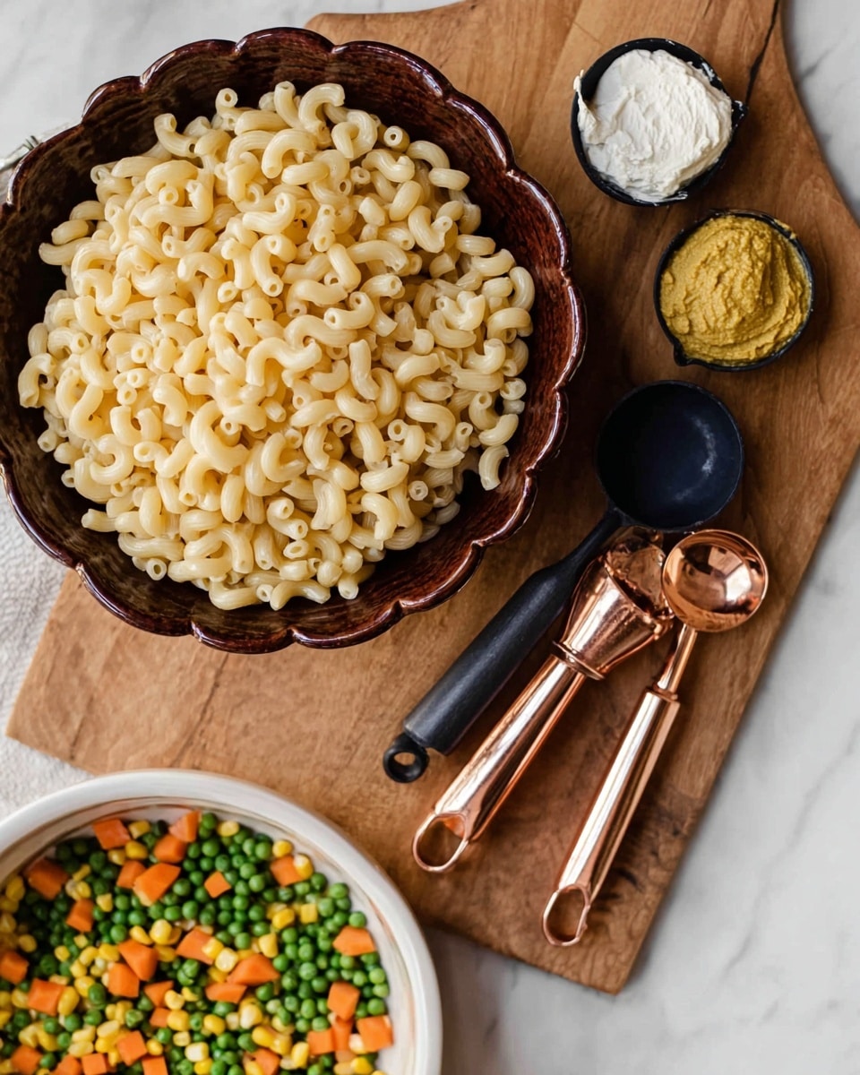 A close-up view of dry elbow macaroni filling a dark brown bowl with a scalloped edge, placed on a wooden cutting board. Next to the bowl, there are four measuring spoons, two black and two copper-colored, filled with different ingredients: a white creamy substance in the largest black spoon, a thick white ingredient in the smaller black spoon, a yellow mustard-like paste in the larger copper spoon, and a tiny bit of coarse salt in the smallest copper spoon. Below the cutting board, a white bowl filled with a mix of green peas, small pieces of orange carrot, and yellow corn kernels is partially visible, all set against a white marbled surface. photo taken with an iphone --ar 4:5 --v 7