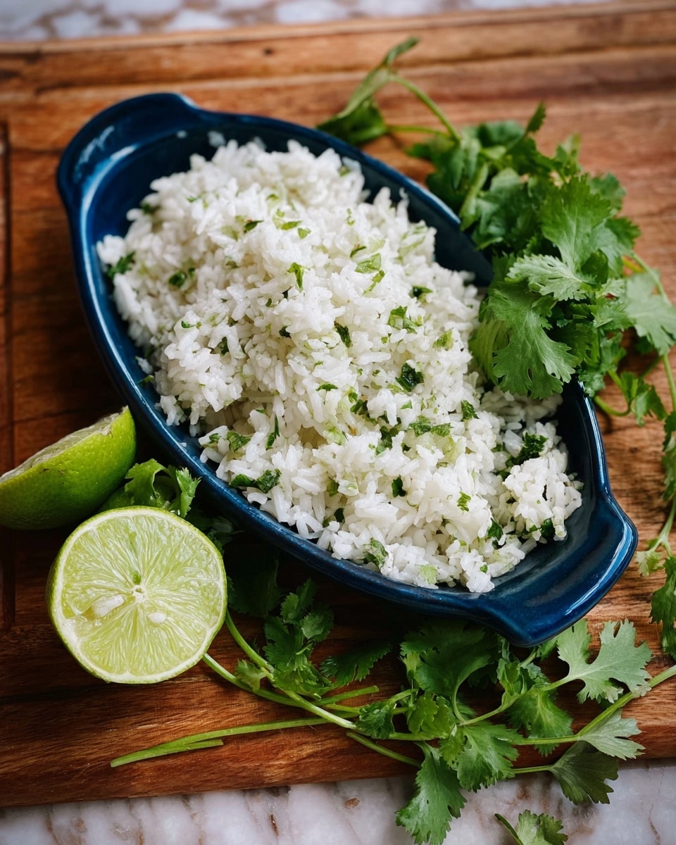 A blue oval dish filled with white rice mixed with small green herb pieces, placed on a wooden board. Next to the rice, there is a halved lime showing its green inner side and a whole lime with skin. Green cilantro leaves are partly covering the rice and scattered on the right side. The white marbled texture surface is visible beneath the board. photo taken with an iphone --ar 4:5 --v 7