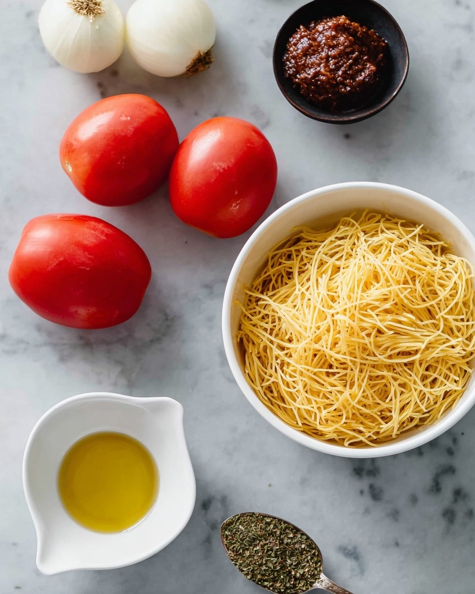 A white bowl filled with thin, yellow dried noodles sits on a white marbled surface. Around the bowl are four red roma tomatoes, a quartered white onion, a small white dish with a dark brown paste, a white dish with light yellow oil, and a small spoon holding dried green herbs. All items rest neatly on a white marbled background photo taken with an iphone --ar 4:5 --v 7
