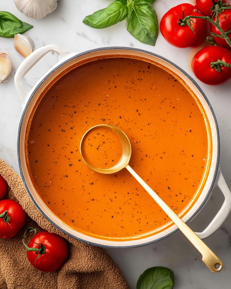 Creamy Roasted Garlic and Tomato Soup with Basil Recipe 5 A large white pot filled with smooth, thick orange tomato soup with hints of black pepper dots throughout. A golden ladle inside the pot holds a small amount of the soup, catching light and showing its creamy texture. Around the pot, whole bright red tomatoes with green stems and fresh green basil leaves add color and freshness. There is also a whole garlic bulb and a couple of peeled garlic cloves on the white marbled surface. A soft, brown textured cloth lies partially visible beneath the pot, adding a cozy feel. Photo taken with an iphone --ar 4:5 --v 7
