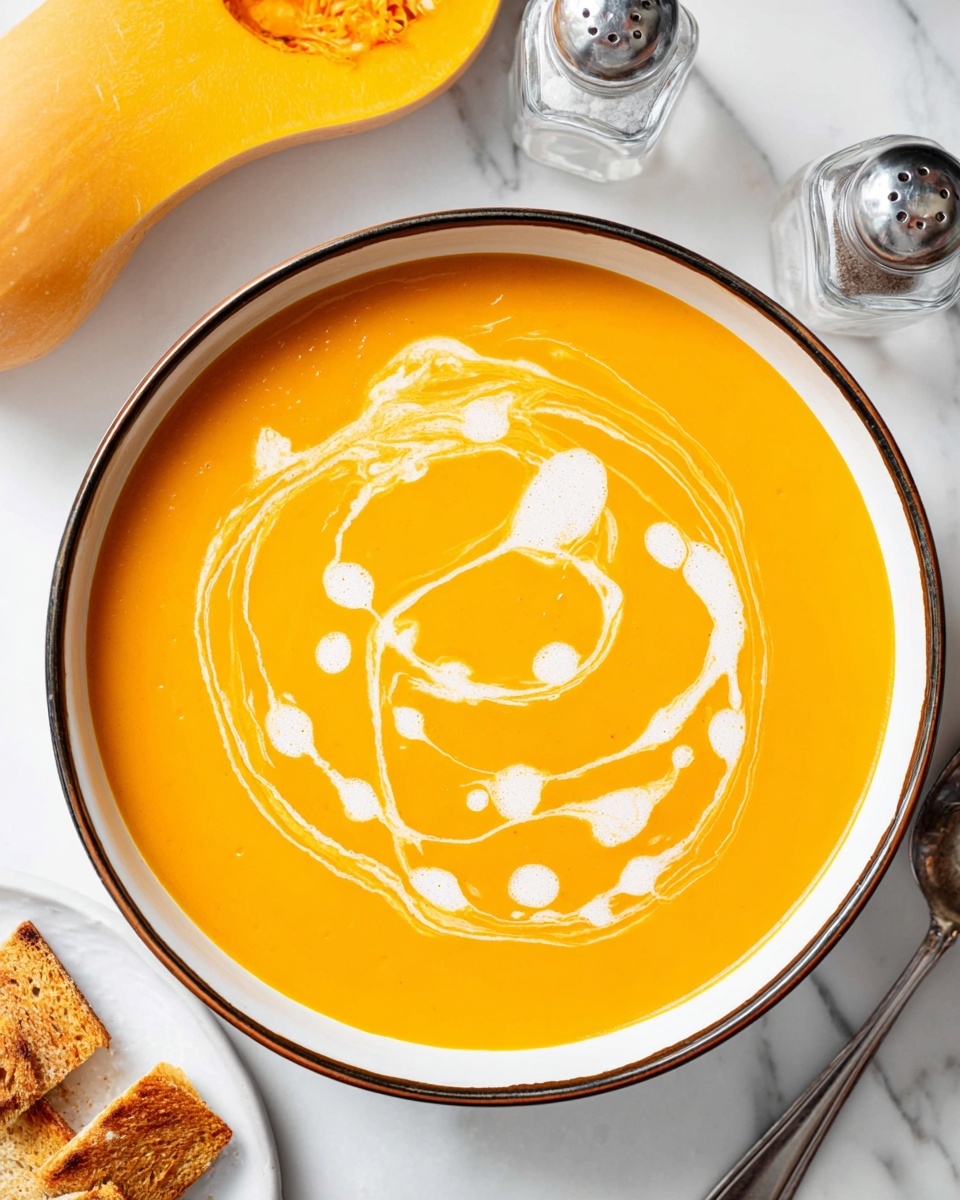 A large white bowl with a dark rim holds a smooth orange pumpkin soup. On top of the soup, there is a swirl of white cream in loose spiral shapes. The bowl sits on a white marbled surface next to a halved bright orange butternut squash and a whole squash behind it. Nearby, two small glass salt and pepper shakers and a silver spoon rest on the surface. Part of a white plate with toasted sandwich pieces is visible at the bottom left corner of the image. Photo taken with an iphone --ar 4:5 --v 7