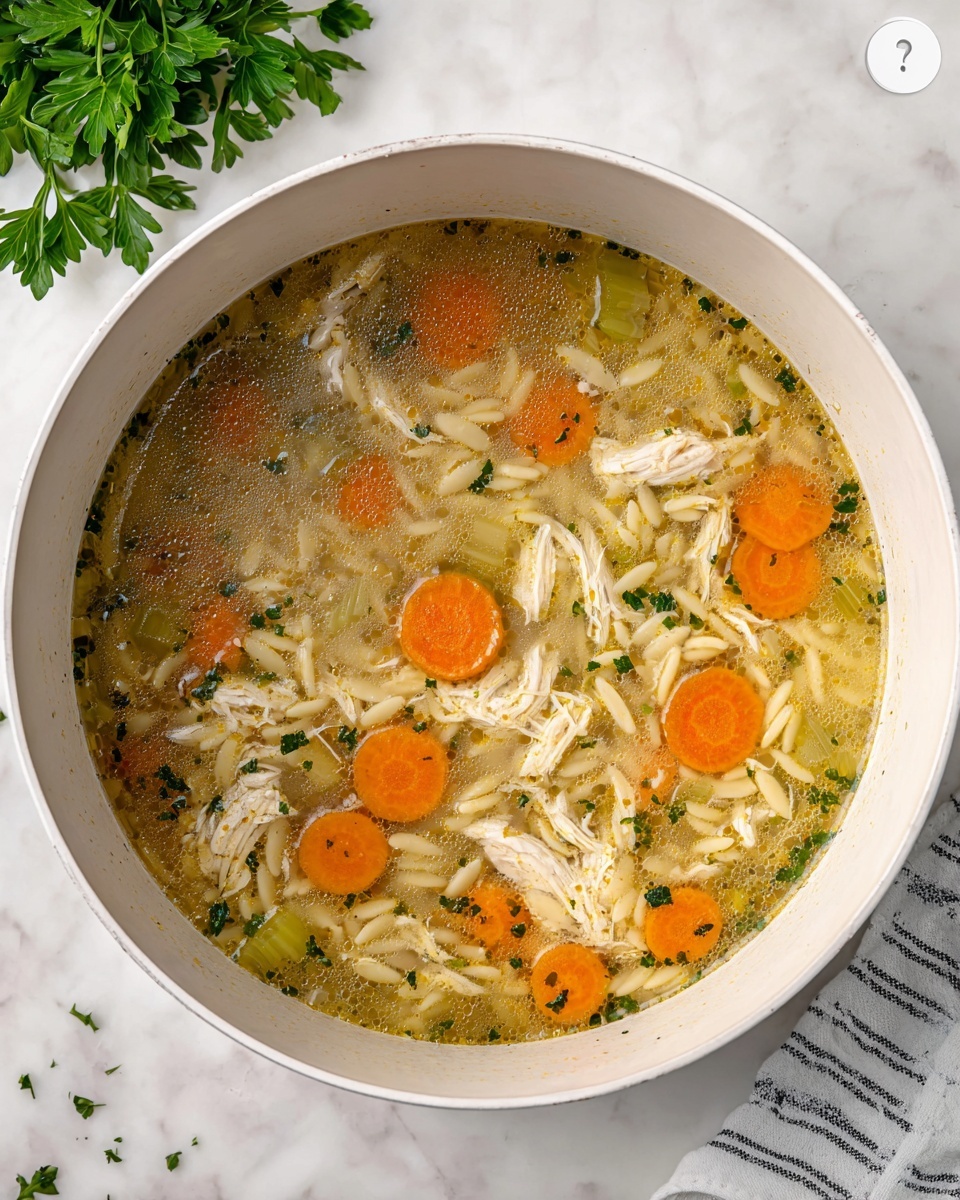 Turkey Orzo Soup Recipe 5 A white pot filled with a clear broth soup showing small orange carrot slices, pale green celery pieces, shredded light beige chicken, and short, thin, rice-shaped pasta floating evenly throughout. The soup has small bits of green herbs scattered, creating texture in the broth. The pot sits on a white marbled surface with a sprig of parsley nearby and a white cloth with thin black stripes partially visible at the bottom right. photo taken with an iphone --ar 4:5 --v 7