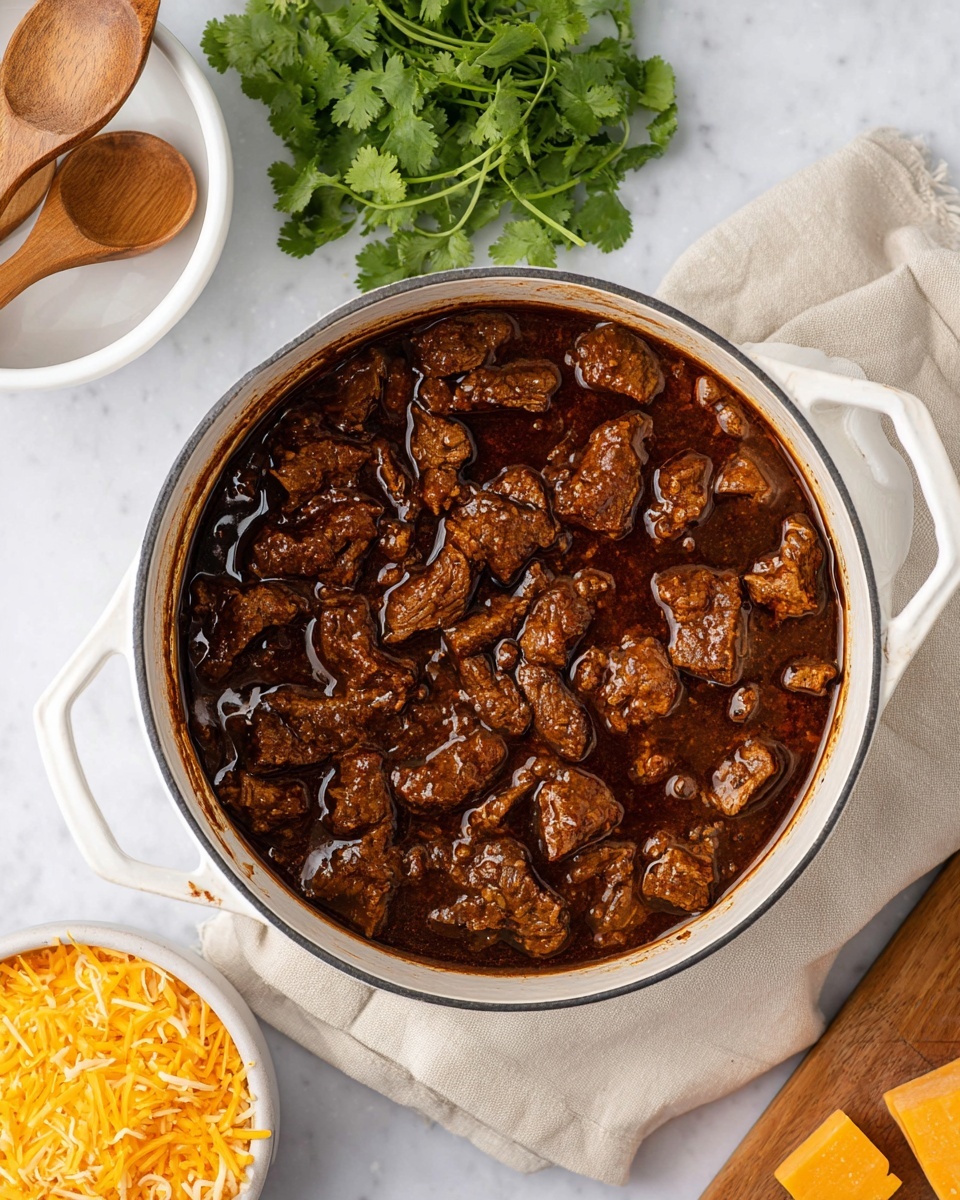 A white round pot filled with dark brown cooked meat chunks in thick sauce, showing rich texture and some oil shine on top, resting on a beige cloth on a white marbled surface, with a bunch of fresh green cilantro above the pot and shredded and block pieces of bright orange cheese on a small cutting board on the right side, two wooden spoons inside a white bowl in the upper left corner photo taken with an iphone --ar 4:5 --v 7