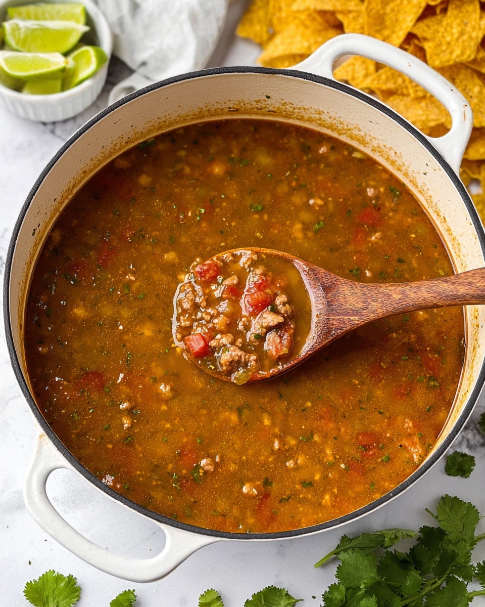 Colorado Green Chili Recipe 5 A white pot filled with thick soup that has a brown base with visible chunks of red tomatoes, small pieces of meat, and green herbs mixed throughout. A wooden spoon rests inside the pot, lifting a portion of the soup, showing its chunky and smooth texture. The pot sits on a white marbled surface, with a small white bowl of lime wedges above it and some yellow corn chips scattered to the right side. A few green cilantro leaves are placed around the scene, adding a fresh touch. photo taken with an iphone --ar 4:5 --v 7