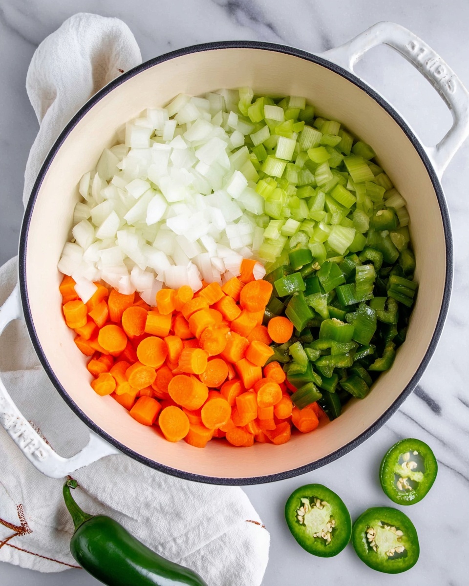 A white pot with black rim is placed on a white marbled surface, inside it are four groups of chopped vegetables arranged in separate sections: white diced onions on the bottom left, light green chopped celery on the top left, bright orange sliced carrots on the right, and dark green chopped jalapeño pieces on the bottom right. Next to the pot on the surface are a whole jalapeño and two round slices showing the seeds inside. A white cloth with thin brown stitching is folded near the pot. Photo taken with an iphone --ar 4:5 --v 7
