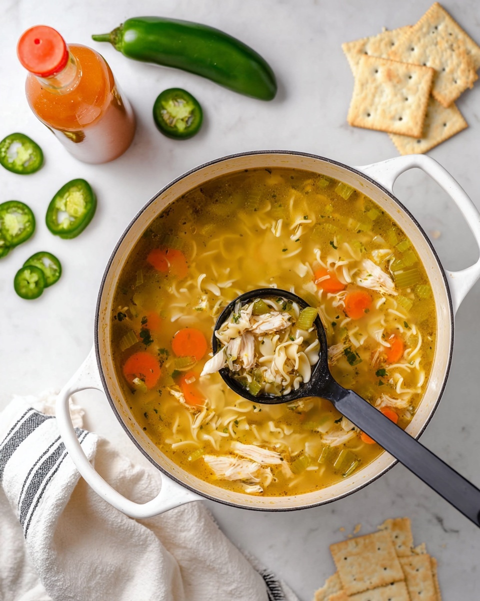 A white pot filled with warm chicken noodle soup is sitting on a white marbled surface. The soup has a golden-yellow broth with visible pieces of light beige chicken, orange carrot slices, green celery, and curly egg noodles floating inside. A black ladle is lifting a portion of the soup, showing the chunky ingredients clearly. Around the pot, there are whole green jalapeño peppers, sliced jalapeños, a bottle of orange hot sauce with a light wooden cap, and square saltine crackers in the upper right corner. A white cloth with thin dark stripes is placed near the bottom left. The photo taken with an iphone --ar 4:5 --v 7