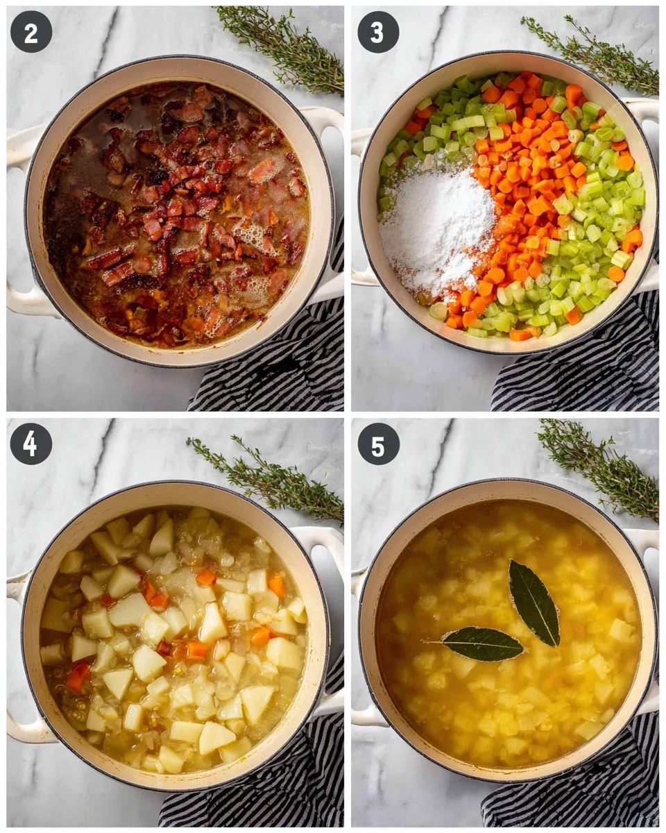 Creamy Knoephla Soup with Potatoes, Dumplings, and Bacon Recipe 4 The image is divided into four smaller images showing a cooking process in a white pot on a white marbled surface with a black and white striped cloth and some green herbs around. In the first image, the pot is filled with crispy browned bacon pieces in bubbling oil. In the second image, chopped orange carrots, green celery, and light brown onions are added and cooked together, creating a colorful mix. The third image shows the same vegetable mix with white flour sprinkled on top, ready for stirring. The fourth image shows the pot filled with golden yellow broth, containing diced potatoes and two bay leaves floating on top, creating a warm, simmering scene. Photo taken with an iphone --ar 4:5 --v 7