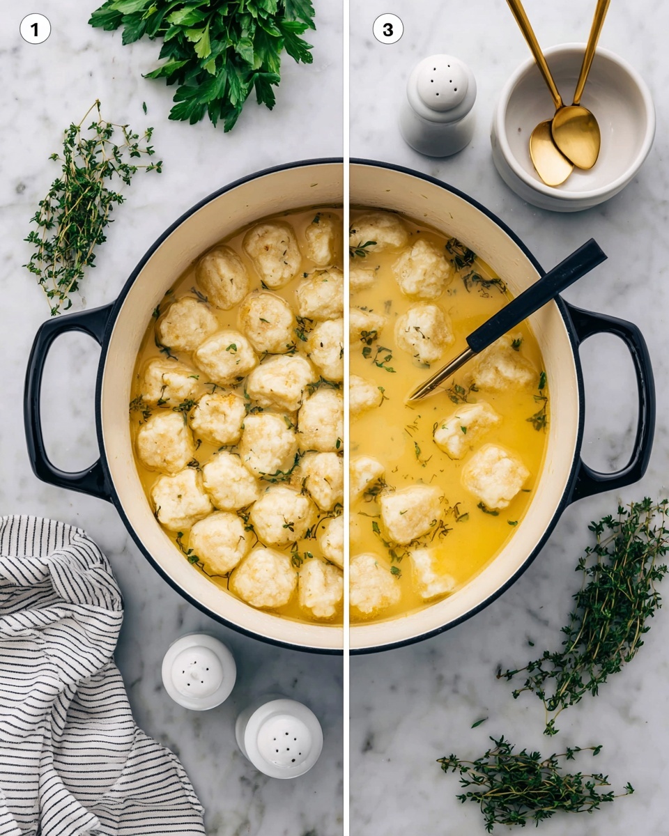 Creamy Knoephla Soup with Potatoes, Dumplings, and Bacon Recipe 5 The image shows a round white pot with two black handles, filled with small, light cream-colored dumplings floating in a yellow broth that looks creamy and smooth, with herbs visible in the broth and dumplings. The pot is placed on a white marbled surface, surrounded by fresh green herbs like parsley and thyme. Nearby, there are two white salt and pepper shakers, a white bowl holding two golden spoons, and a black spoon partially immersed in the broth. A white and black striped towel is seen at the bottom left corner. Photo taken with an iphone --ar 4:5 --v 7