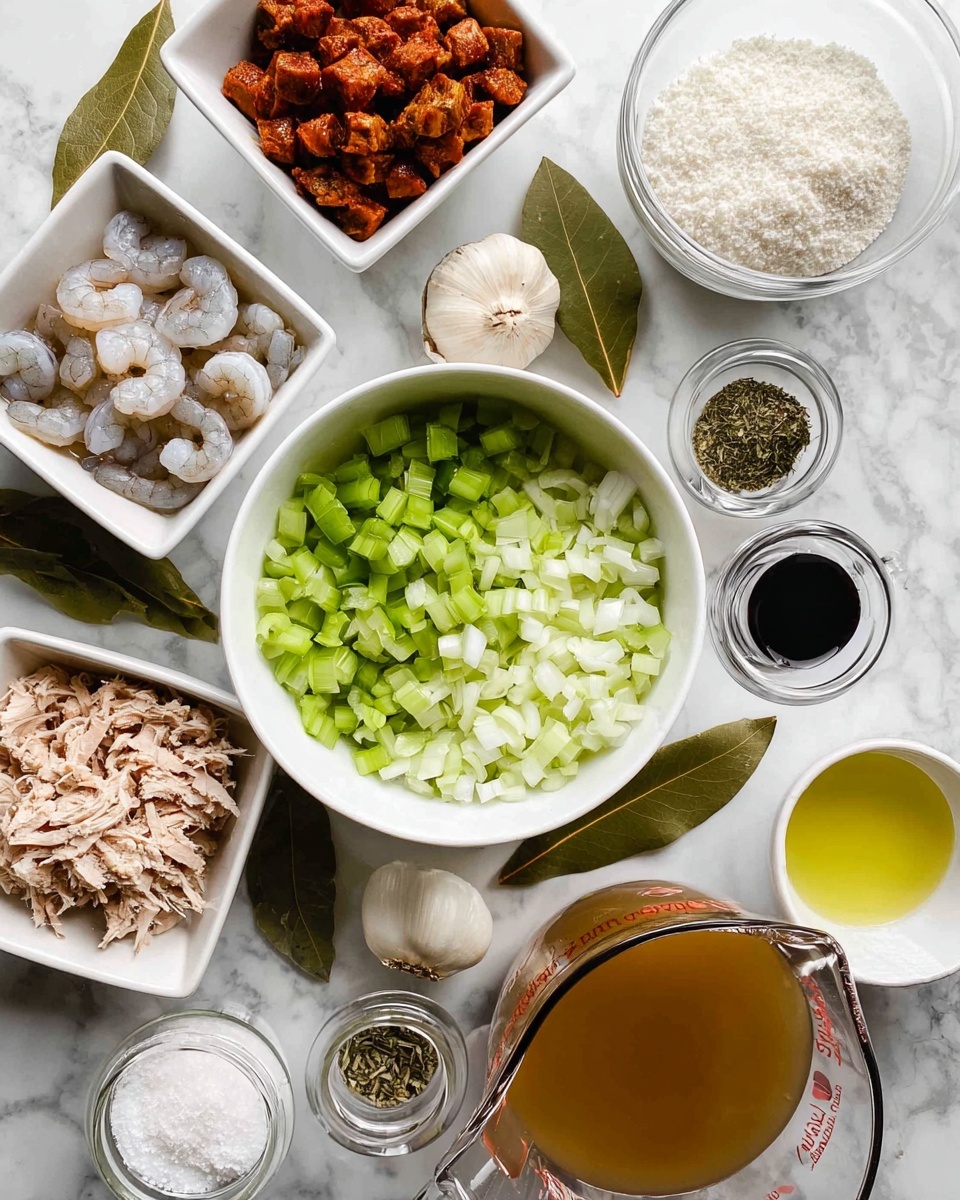 The image shows several white bowls and small glass containers arranged on a white marbled surface, each holding different ingredients. In the center, a large white bowl has three sections of chopped vegetables: green celery, lighter green celery, and white onions. Surrounding it are smaller white square bowls filled with raw shrimp at the top left, browned sliced sausage below it, and shredded cooked chicken at the bottom left. There is a measuring cup with white flour near the top right and another measuring cup with light yellow oil below that. Near the bottom right, a large measuring cup holds a light brown broth with garlic cloves beside it. Small metal and glass containers hold coarse salt, dark liquid seasoning, and a mix of dried herbs and spices. A couple of bay leaves rest near the shredded chicken. Photo taken with an iphone --ar 4:5 --v 7
