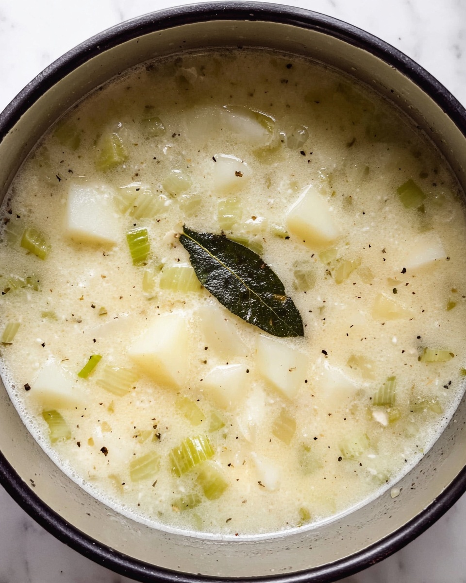 Boston Clam Chowder Recipe 5 A close-up top view of a pot filled with a light creamy broth soup containing small white potato cubes and small bits of green celery. A single dark green bay leaf floats near the center, and tiny black pepper specks are spread throughout the soup. The pot has a black rim and is placed on a white marbled surface. The broth looks warm and slightly frothy around the edges, showing a soft mix of colors including pale yellow, white, and light green. photo taken with an iphone --ar 4:5 --v 7