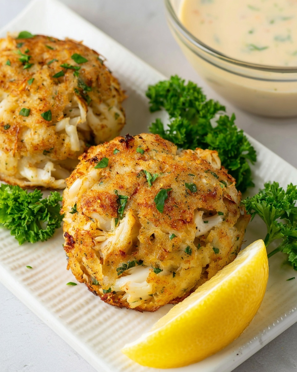 The image shows two golden-brown crab cakes on a white rectangular plate with a textured surface. The crab cakes have a rough texture with visible white crab meat pieces and green herb bits sprinkled on top, giving them a fresh look. To the side of each crab cake are small bunches of bright green curly parsley, adding a pop of color. A wedge of bright yellow lemon is placed to the right near the crab cakes, adding a fresh citrus touch. In the upper right corner, part of a clear bowl containing creamy dipping sauce with visible herbs is seen. The overall colors are warm and natural, with a fresh and light presentation. photo taken with an iphone --ar 4:5 --v 7