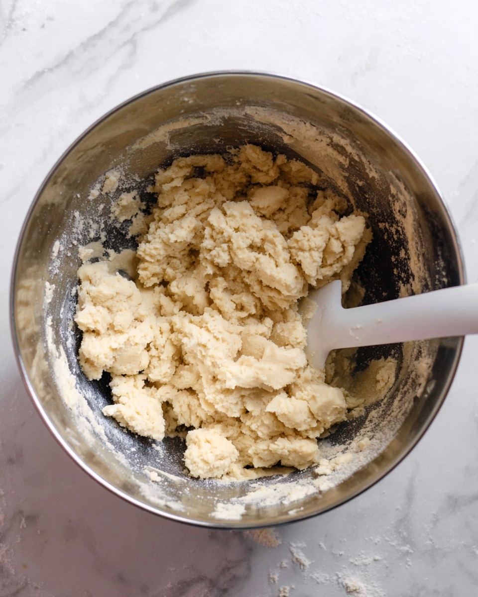 A shiny metal bowl is filled with a light beige dough that looks crumbly and soft. The dough has uneven texture with small lumps and pieces sticking loosely together. A white silicone spatula is partly buried in the dough on the right side of the bowl. The bowl sits on a white marbled surface, with some flour or dough remnants stuck on the bowl’s inner sides. The image shows a close view from above, focusing on the dough's rough texture and the spatula’s smooth surface photo taken with an iphone --ar 4:5 --v 7