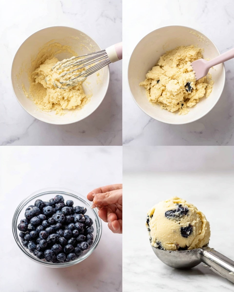 The image shows four step-by-step stages of making blueberry dough. The top left shows a white bowl with pale yellow creamy dough mixed by beaters. The top right shows the same bowl with thicker crumbly dough and a light pink spatula inside. The bottom left shows a woman's hand holding a small clear bowl of fresh dark blue blueberries, pouring them into the dough in the white bowl below. The bottom right shows a close-up of a scoop of dough with visible blueberries, being lifted by a metallic ice cream scoop on a white marbled surface. Photo taken with an iphone --ar 4:5 --v 7