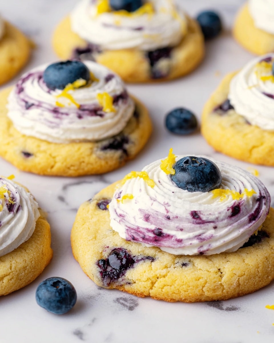 The image shows several round, golden-yellow cookies with dark blueberry spots baked inside. Each cookie has one thick swirl of white cream with purple blueberry specks on top. On the cream, there is a single dark blueberry and a small amount of bright yellow lemon zest for decoration. The cookies are placed directly on a white marbled surface with a few loose blueberries scattered around. The texture of the cookies looks soft and slightly crumbly, while the cream appears smooth and fluffy. photo taken with an iphone --ar 4:5 --v 7