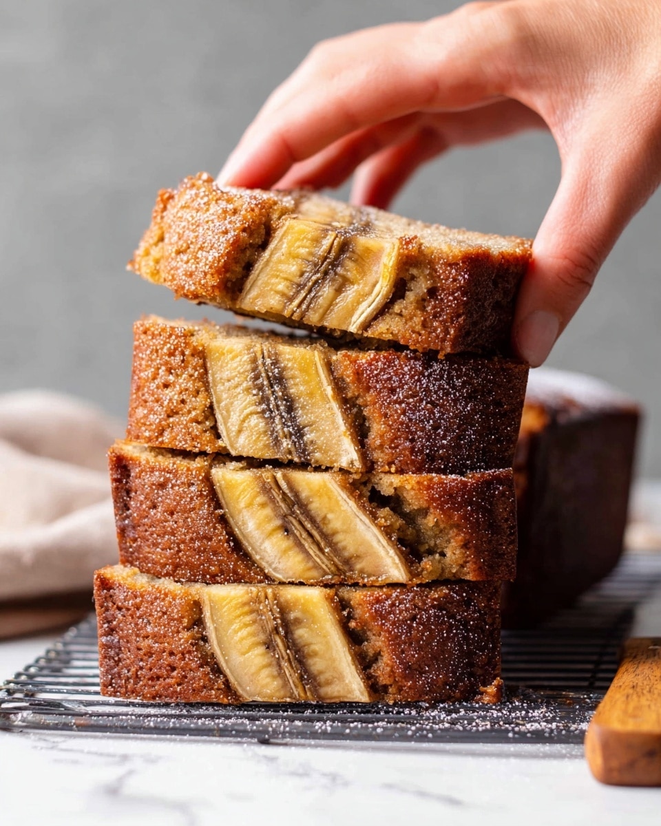 The image shows a small stack of four thick rectangular slices of banana bread, with a woman's hand lifting the top slice. The banana bread is golden brown with a slightly darker crust on the edges and has visible slices of banana embedded on the surface of each slice, forming a distinct light yellow pattern with brown outlines. The texture looks soft and crumbly with some cracks on the edges, and there is a light dusting of powdered sugar on top. The stack is placed on a white marbled surface with a cooling rack underneath. A wooden-handled utensil is partially visible in the bottom right corner of the image photo taken with an iphone --ar 4:5 --v 7