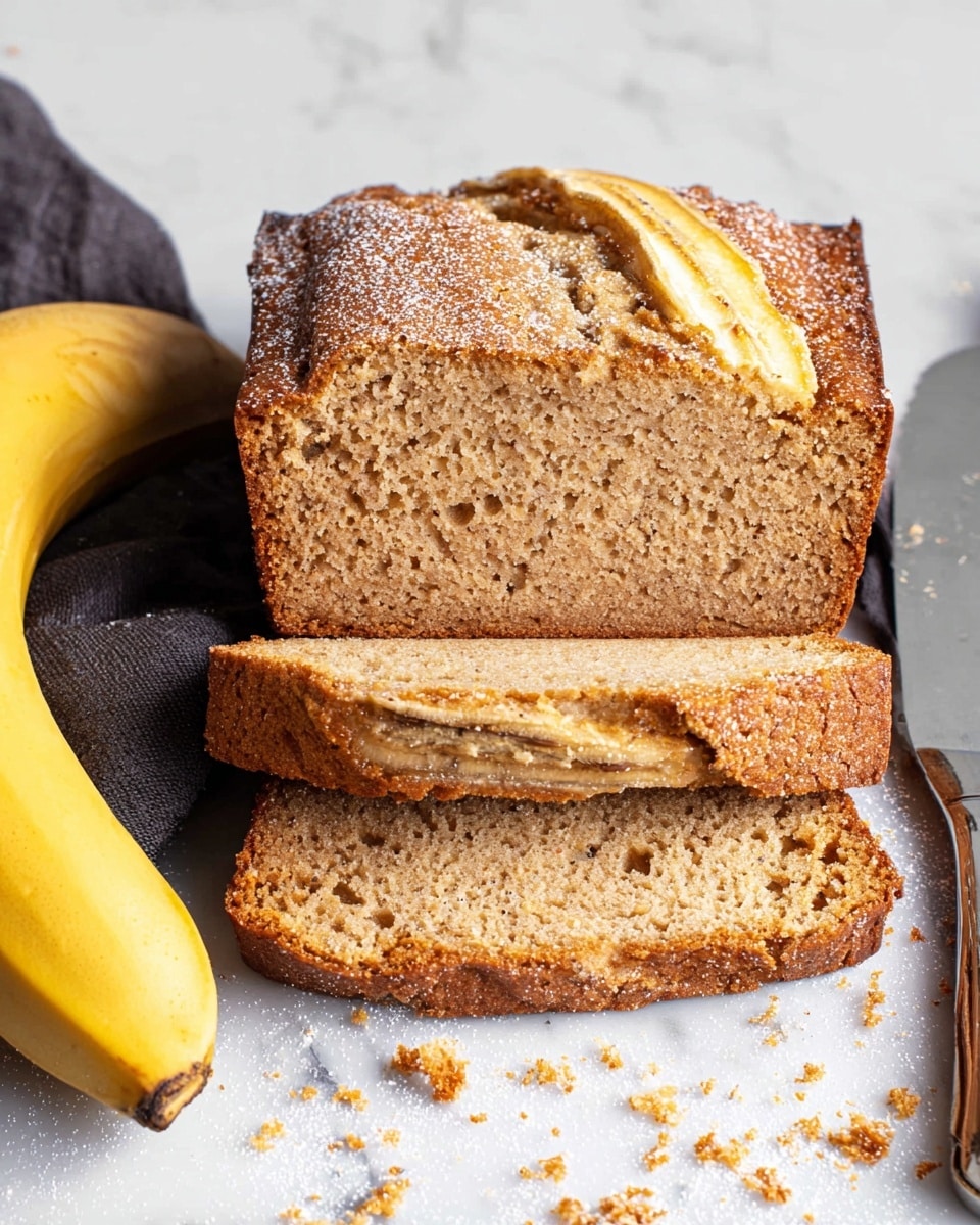 The image shows three thick slices of banana bread stacked with visible texture showing tiny air holes inside. The top slice has banana slices placed in a row with a shiny, golden-brown crust dusted with powdered sugar. The bread's inside is light brown and moist, with a dense yet soft crumb. To the left, a whole yellow banana rests on a dark cloth against a white marbled surface. To the right lies a metal butter knife with crumbs scattered around. The photo taken with an iphone --ar 4:5 --v 7