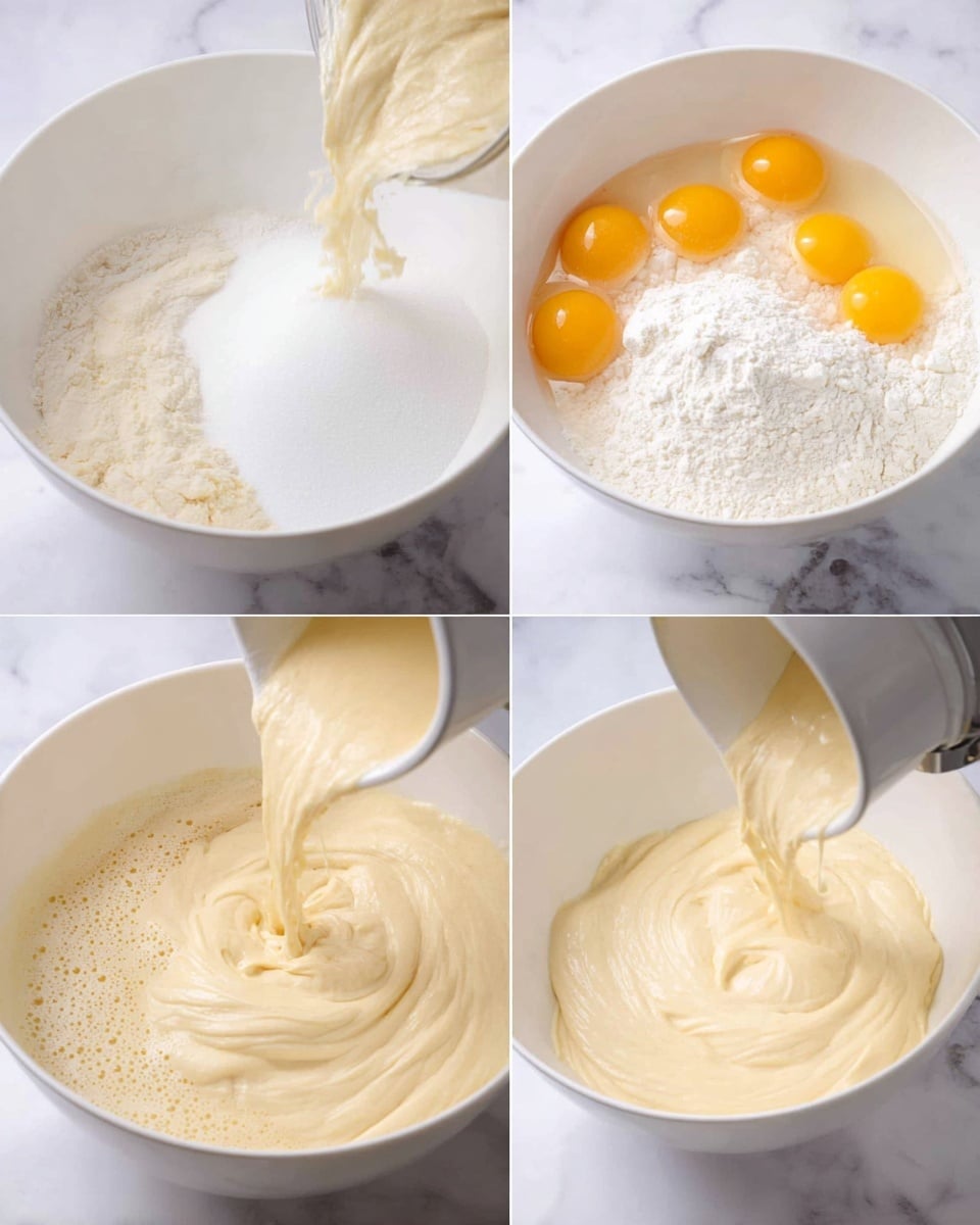 The image shows four steps of making a smooth batter in a white bowl placed on a white marbled surface. The first part captures white sugar being poured over a thick, creamy, off-white mixture as a mixer blends it, creating soft swirls. The second part shows white flour falling into a light yellow, bubbly liquid in the white bowl. The third part features three whole raw eggs being poured from a transparent container into the creamy mixture, while the mixer is partially visible. The last part shows a light, creamy batter being poured from a white measuring cup into the bowl with the mixer still running, creating a smooth texture. Photo taken with an iphone --ar 4:5 --v 7
