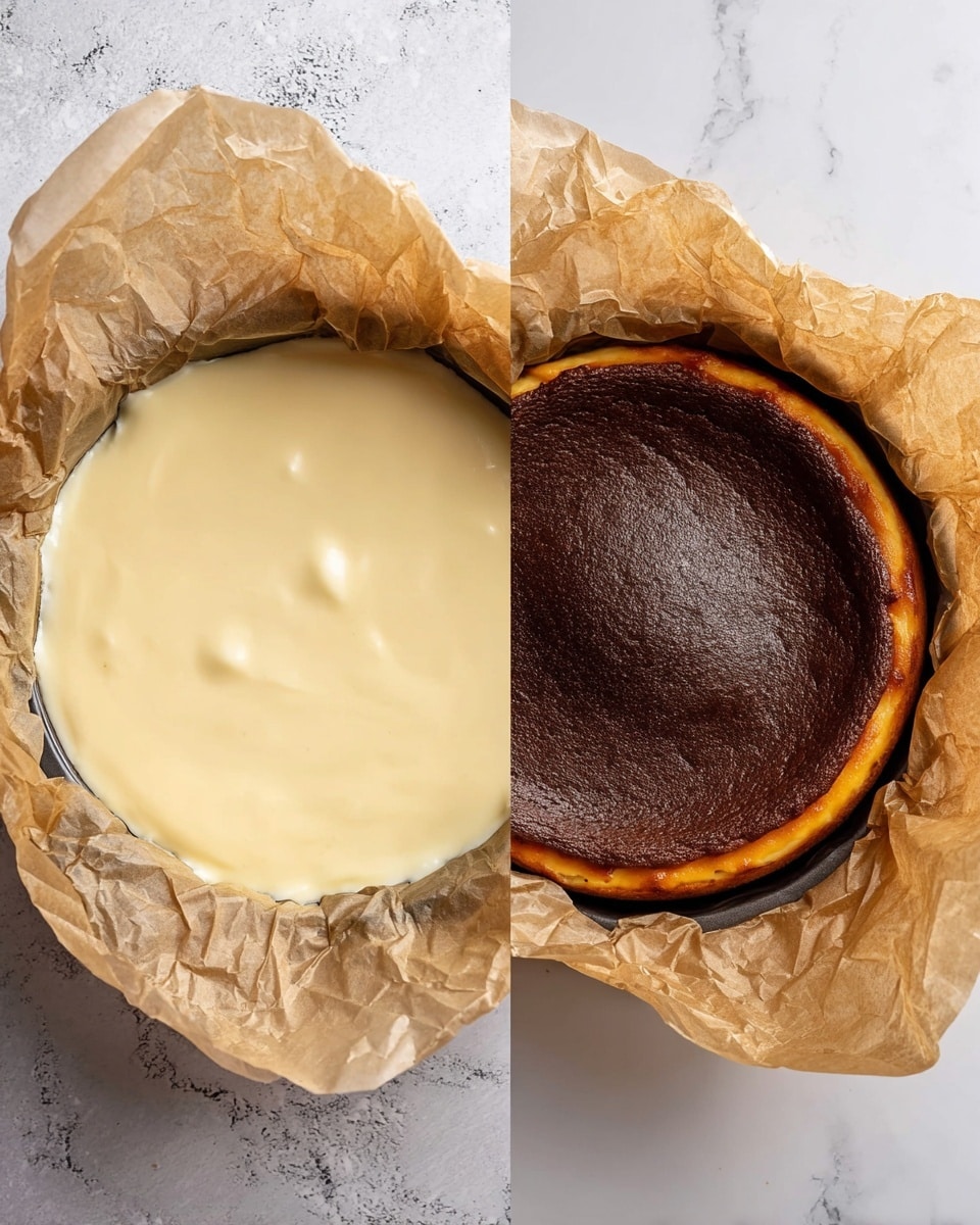 The image shows two stages of a cheesecake in round shape lined with crumpled parchment paper. On the left side, the cheesecake batter is poured smooth and creamy with a pale yellow color, filling the paper-lined pan fully and slightly wrinkling the edges of the paper. On the right side, the cheesecake is baked with a dark brown to almost black top layer that looks firm and slightly cracked, while the edges are lighter brown and puffed slightly above the paper. The background is a white marbled texture. photo taken with an iphone --ar 4:5 --v 7