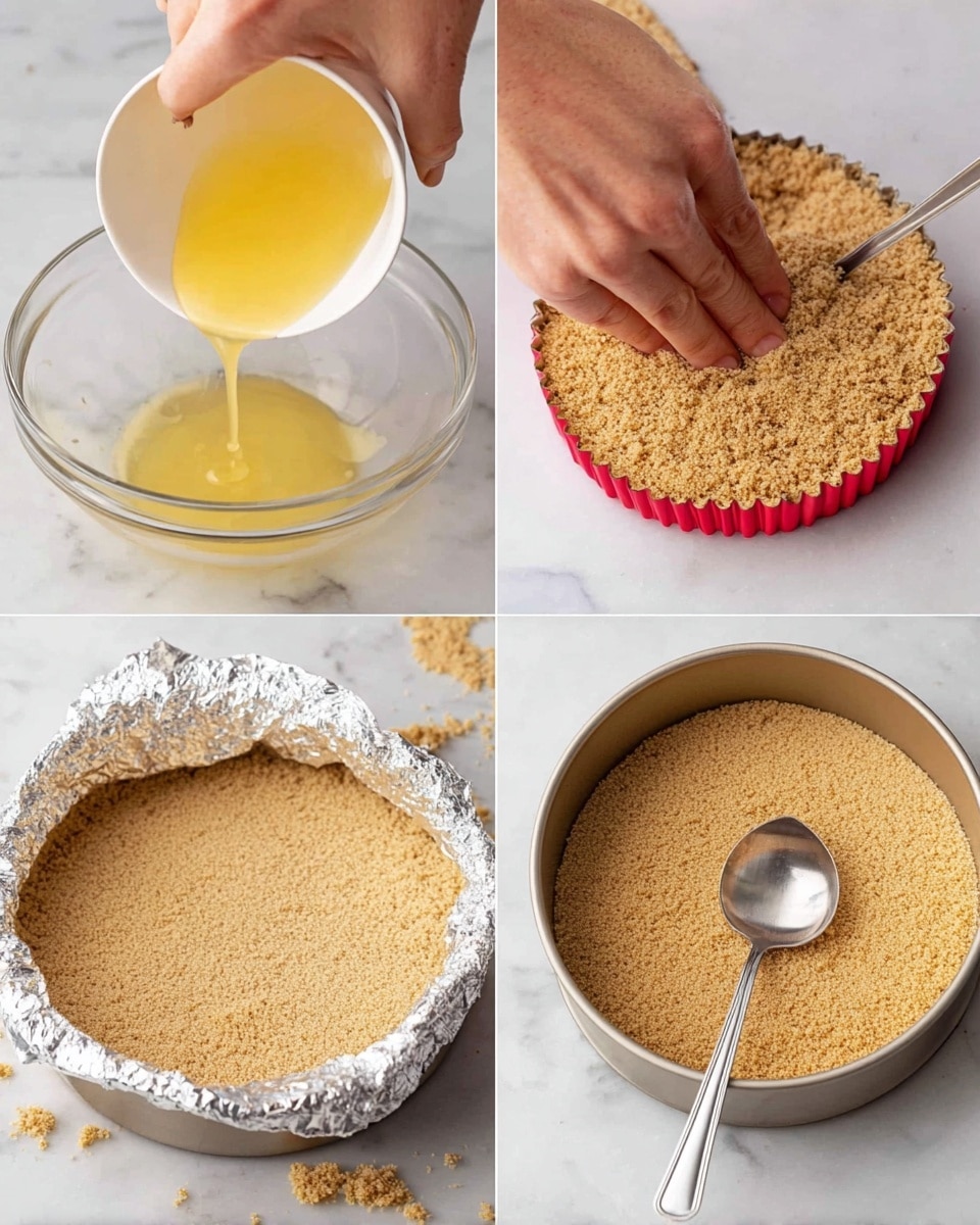 The image shows four steps of making a crumb crust in a metal springform pan wrapped with foil around the bottom. The top left part shows a woman's hand pouring melted yellow butter from a white bowl into a clear glass bowl filled with light brown dry crumbs. In the top right part, a woman's hand presses the crumb mixture against the side of the pan with a metal spoon, forming an even crust layer. The bottom left part shows the crust pressed evenly around the sides and bottom of the pan with some crumbs scattered inside. The bottom right part shows the inside of the pan filled with an even layer of crumb mixture, and a spoon resting inside. The whole setup is on a white marbled surface. photo taken with an iphone --ar 4:5 --v 7