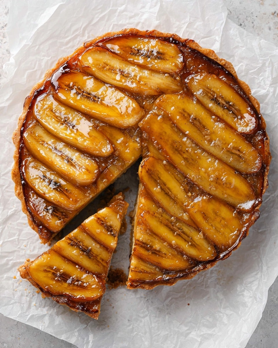 This image shows a round banana tart with a single slice cut out and placed slightly away. The tart has one main layer of caramelized bananas arranged neatly side by side on top, showing a shiny golden brown glaze with some darker caramel marks and a gloss that reflects light. The crust underneath is thin and slightly browned. The tart sits on crumpled white parchment paper over a white marbled surface. photo taken with an iphone --ar 4:5 --v 7