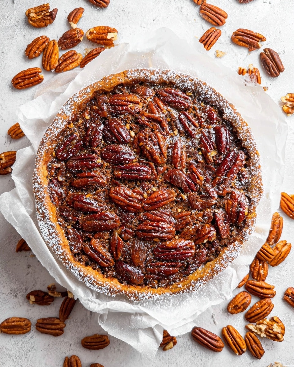 The image shows a round pecan pie on white parchment paper, set on a white marbled textured surface. The pie has a golden brown crust dusted with white powdered sugar around the edge. The top layer is full of glossy, deep brown pecan halves, some overlapping, creating a rich textured look. Around the pie, more pecans are scattered on the parchment paper, adding a rustic feel. The overall colors are warm browns with a touch of white from the powdered sugar and parchment paper. photo taken with an iphone --ar 4:5 --v 7