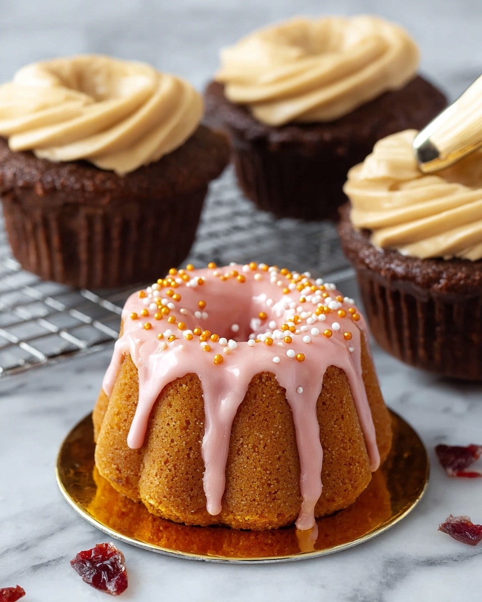 A close-up of a small bundt cake with a golden-brown color and soft texture, topped with thick pink icing that drips down the sides in streaks, and sprinkled with small white, yellow, and orange round sprinkles. The cake sits on a shiny gold reflective plate on a white marbled surface, surrounded by pieces of dried red fruit. Another similar cake is slightly out of focus in the background on the same plate. Photo taken with an iphone --ar 4:5 --v 7