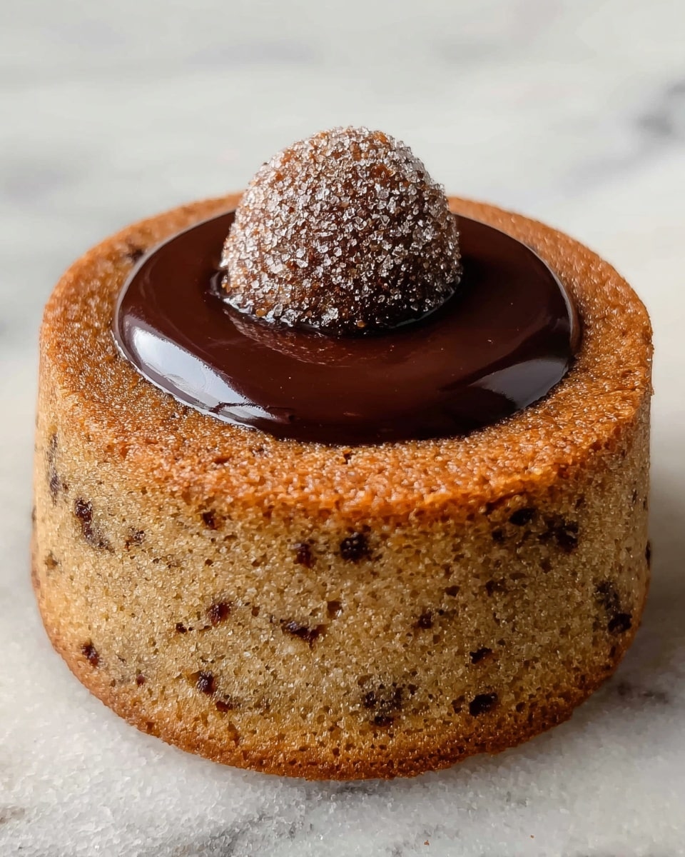 A small round cake with a light brown color and specks of darker bits throughout forms the base layer. On top of the cake, there is a smooth, glossy dark chocolate circle filling the center well, creating a shiny contrast against the textured cake. Sitting on the middle of the chocolate is a small, tightly rounded piece dusted with sugar, slightly darker brown and adding a crunchy look. The whole dessert rests on a white marbled surface. photo taken with an iphone --ar 4:5 --v 7