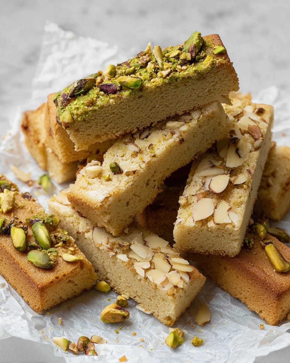 The image shows a pile of rectangular cake bars with two different toppings placed on white wrinkled paper on a white marbled surface. The bars have a golden-beige color with a soft, sponge-like texture. Some bars are topped with chopped pistachios, giving a green and brown crunch layer on top, while others are covered with sliced almonds, which add a light tan, thin, and crunchy layer. The cake bars are stacked unevenly, with some bars leaning on others, showing the thick and soft cake layers underneath the toppings. Small pieces of nuts are scattered around the base, adding a natural look. Photo taken with an iphone --ar 4:5 --v 7