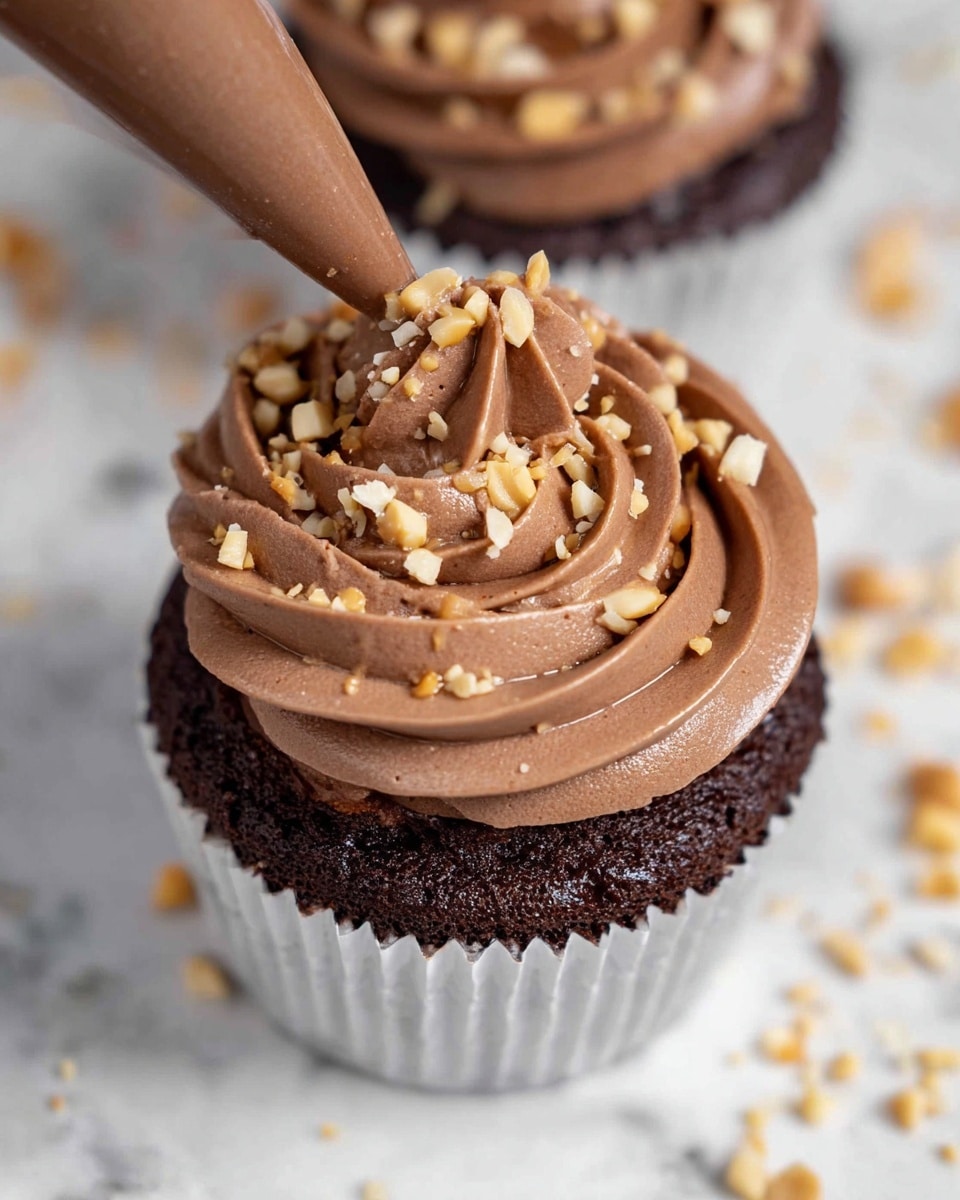 A close-up view of a chocolate cupcake with three main layers: the bottom layer is a dark brown chocolate cake, topped with a thick swirl of smooth, light brown chocolate frosting that forms a circular pattern with soft peaks, and the frosting is sprinkled with small pieces of chopped nuts in a light beige color. A piping bag with chocolate frosting is visible, adding an extra layer inside the center of the frosting swirl. The cupcake is inside a white paper liner, and the background is a white marbled texture with some scattered nut pieces around. Photo taken with an iphone --ar 4:5 --v 7