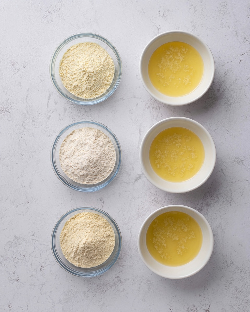 The image shows a top-down view of six small bowls arranged in two columns on a white marbled texture. The right column has three white bowls filled with a yellow, slightly grainy liquid, each bowl evenly filled to the same level. The left column has three small clear glass bowls, each containing a light beige powder with slightly different textures and shades. The bowls are neatly aligned in parallel rows, creating a clean and organized look. Photo taken with an iphone --ar 4:5 --v 7