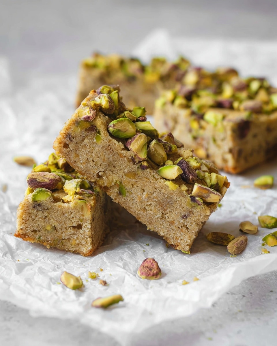 The image shows three thick rectangular bars with a light brown, soft, and moist texture forming the base layer. On top of each bar, there is a generous layer of large green and brown chopped pistachio nuts scattered unevenly, adding a rough and crunchy texture. The bars are placed on crumpled white paper over a white marbled surface, with some loose pistachio pieces spread around. One bar is leaning against another, creating a layered depth effect with blurred bars in the background. The lighting is soft, highlighting the texture of the nuts and the bars. Photo taken with an iphone --ar 4:5 --v 7