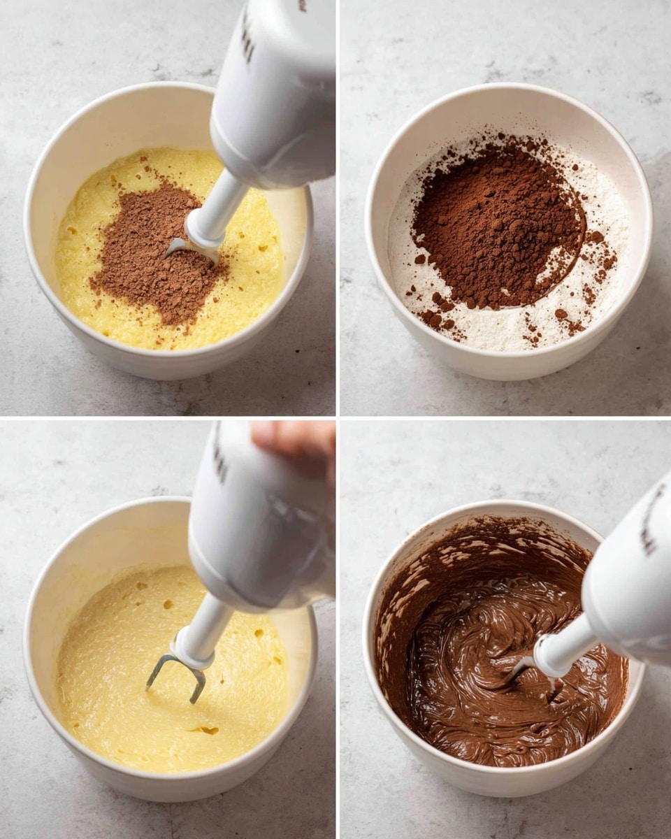 The image shows four steps of making chocolate batter in white bowls against a white marbled background. In the first step, a white hand mixer is blending a light yellow, creamy mixture inside a white bowl. The second step shows dry cocoa powder being added to the yellow batter, partially mixed, with the white hand mixer inside the bowl. The third step captures a light liquid being poured into the bowl while the mixer stirs a thickening dark brown batter with visible crumbs. In the last step, the mixer blends a smooth, rich, dark brown chocolate batter evenly in the bowl. Photo taken with an iphone --ar 4:5 --v 7