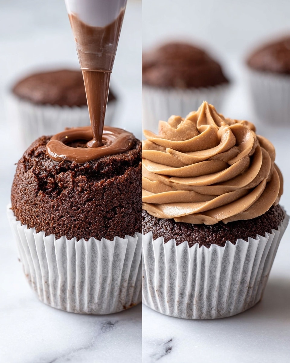The image shows a close-up of a chocolate cupcake in a white paper liner on a white marbled surface. The cupcake has a dark brown, slightly cracked top. On the left side, a woman's hand is squeezing smooth milk chocolate filling from a piping bag into a small hole in the middle of the cupcake. On the right side, another chocolate cupcake is being decorated with a swirl of light brown, creamy chocolate frosting from a piping bag with a star tip, forming neat ridged layers on top of the cupcake. The background is softly blurred, keeping the focus on the cupcakes and the chocolate details. photo taken with an iphone --ar 4:5 --v 7