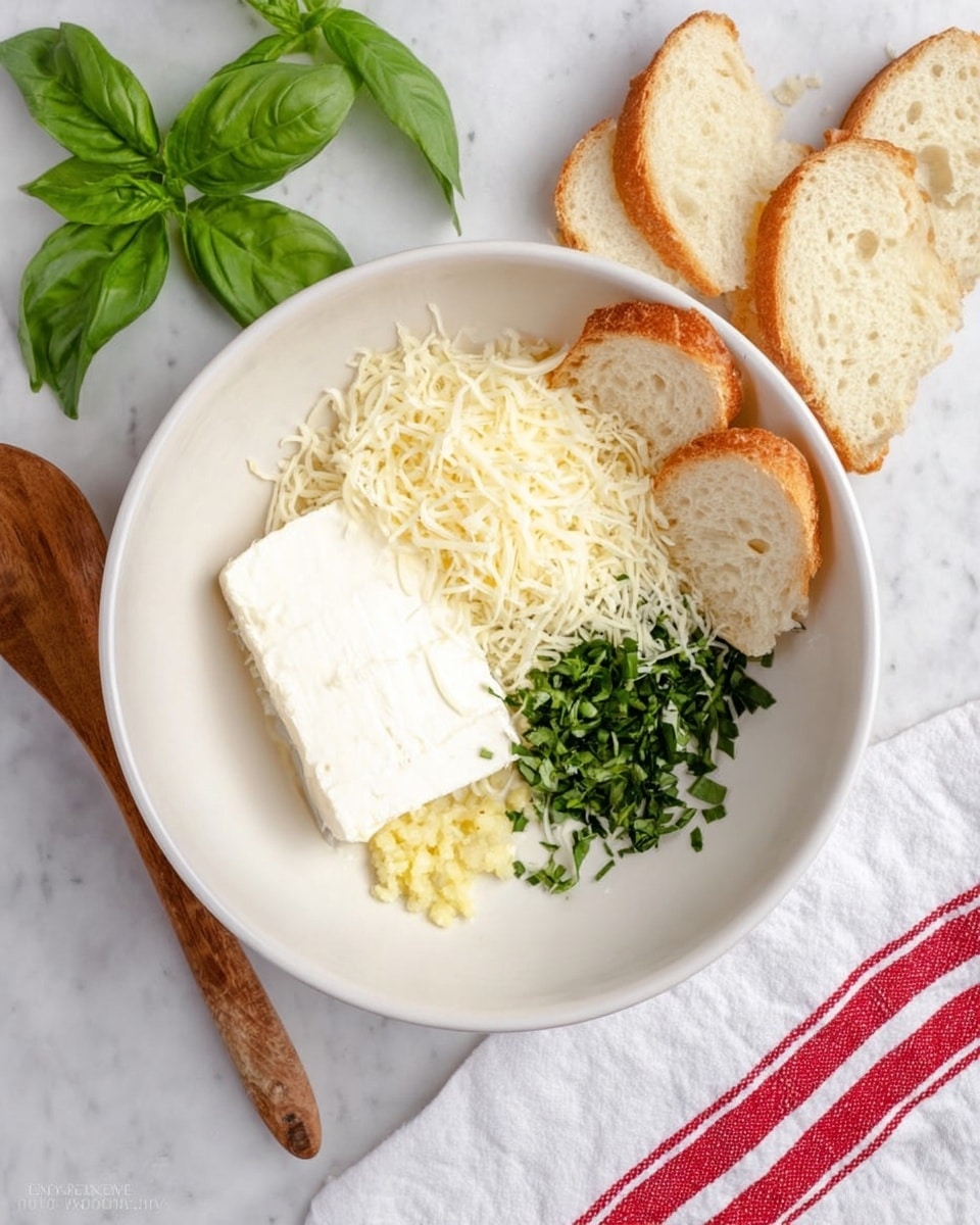 A white bowl sits on a white marbled surface, filled with four visible layers of ingredients: a large block of soft white cheese at the bottom, shredded pale yellow cheese piled on one side, finely chopped green herbs next to the soft cheese, and a small dollop of light yellow minced garlic near the bottom edge. Around the bowl, there are several slices of light tan bread with a soft texture resting near the top right, fresh green basil leaves on the upper left, and a wooden spoon handle extending from the bottom left. A white cloth with red stripes is partly under the bowl on the right side. Photo taken with an iphone --ar 4:5 --v 7